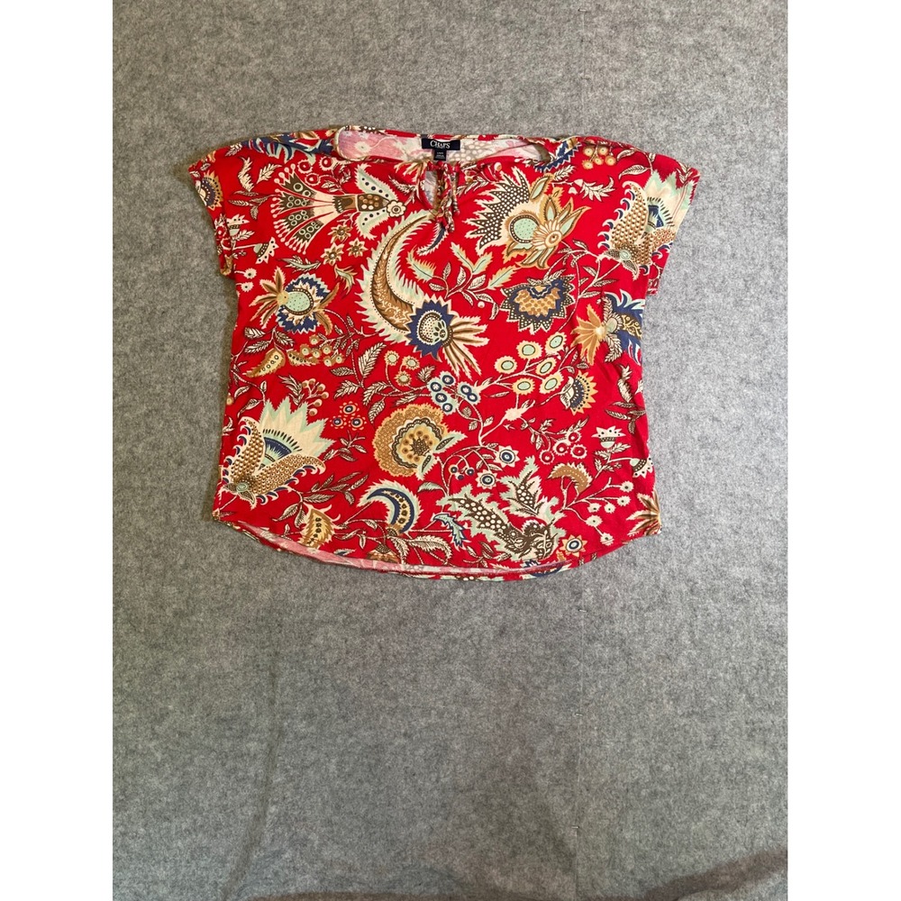 Chaps Denim Womens Red Paisley Floral Keyhole Tie Neck Knit Top Large